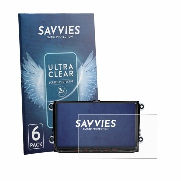 Front side of a product packaging with the brand logo Savvies. Next to it is the device Xtrons ID90MTVL shown with the corresp