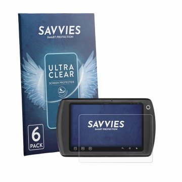 Vorderseite einer Produktverpackung mit dem Markenlogo Savvies. Daneben ist das Gerät Zebra ET1 mit dem zugehörigen Displaysch