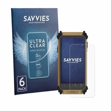 Parte frontal de un envase de producto con el logotipo de la marca Savvies. Al lado se muestra el dispositivo DT Research DT36