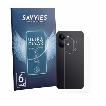 Vorderseite einer Produktverpackung mit dem Markenlogo Savvies. Daneben ist das Gerät Xiaomi Poco X8 Pro Max (Rückseite) mit d