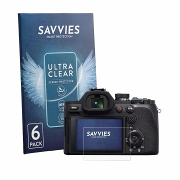Face avant d’un emballage produit avec le logo de la marque Savvies. À côté, l’appareil Sony Cyber-Shot DSC-RX10 V est représe