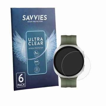 Face avant d’un emballage produit avec le logo de la marque Savvies. À côté, l’appareil Samsung Galaxy Watch 9 (40 mm) est rep