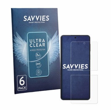 Front side of a product packaging with the brand logo Savvies. Next to it is the device Samsung Galaxy Z Flip 8 shown with the