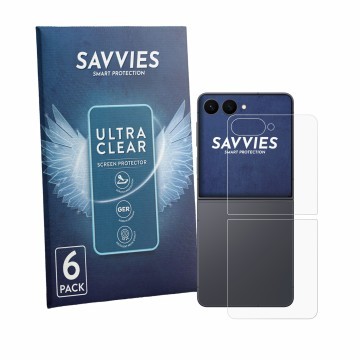 Front side of a product packaging with the brand logo Savvies. Next to it is the device Samsung Galaxy Z Flip 8 (Back) shown w