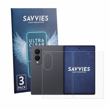 Front side of a product packaging with the brand logo Savvies. Next to it is the device Samsung Galaxy Z Fold 8 (Front+Back) s