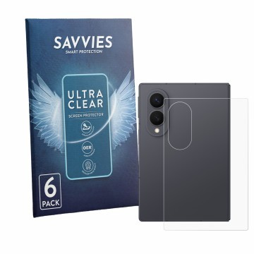 Face avant d’un emballage produit avec le logo de la marque Savvies. À côté, l’appareil Samsung Galaxy Z Fold 8 (Arrière) est 