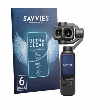 Vorderseite einer Produktverpackung mit dem Markenlogo Savvies. Daneben ist das Gerät DJI Osmo Pocket 4P (Linse) mit dem zugeh