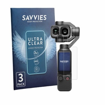 Vorderseite einer Produktverpackung mit dem Markenlogo Savvies. Daneben ist das Gerät DJI Osmo Pocket 4P (Display + Linse) mit