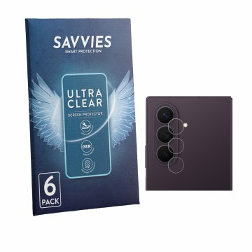 Face avant d’un emballage produit avec le logo de la marque Savvies. À côté, l’appareil Samsung Galaxy Z Fold 8 Ultra (Caméra 