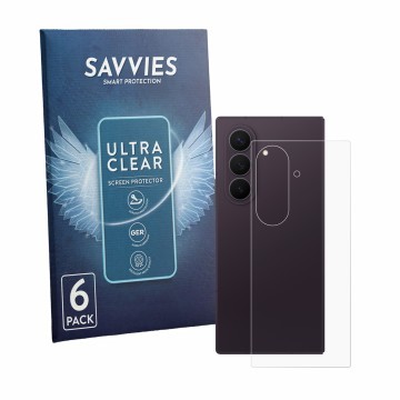 Face avant d’un emballage produit avec le logo de la marque Savvies. À côté, l’appareil Samsung Galaxy Z Fold 8 Ultra (Arrière