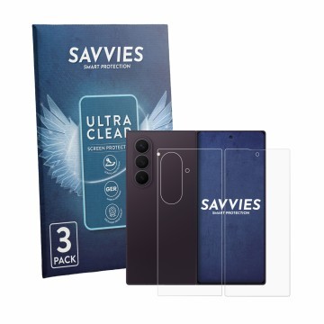 Face avant d’un emballage produit avec le logo de la marque Savvies. À côté, l’appareil Samsung Galaxy Z Fold 8 Ultra (Avant+A