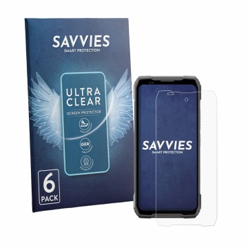 Face avant d’un emballage produit avec le logo de la marque Savvies. À côté, l’appareil Blackview Xplore 6 est représenté avec