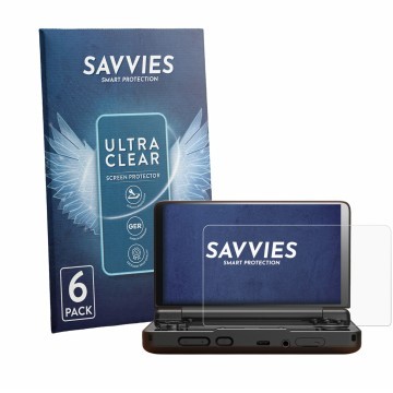 Face avant d’un emballage produit avec le logo de la marque Savvies. À côté, l’appareil AYN Thor est représenté avec la protec