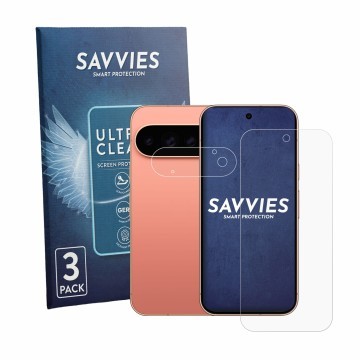Parte frontal de un envase de producto con el logotipo de la marca Savvies. Al lado se muestra el dispositivo Google Pixel 11 