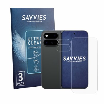Front side of a product packaging with the brand logo Savvies. Next to it is the device Google Pixel 11 Pro Fold (Front+Camera