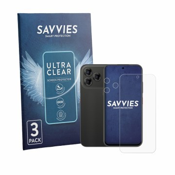 Front side of a product packaging with the brand logo Savvies. Next to it is the device ZTE Blade V80 Vita (Front+Camera) show