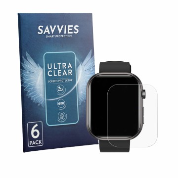 Vorderseite einer Produktverpackung mit dem Markenlogo Savvies. Daneben ist das Gerät Banlvs Smartwatch 1.96