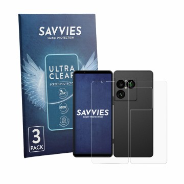 Front side of a product packaging with the brand logo Savvies. Next to it is the device Sony Xperia 1 VIII (Front+Back) shown 