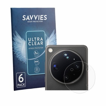 Vorderseite einer Produktverpackung mit dem Markenlogo Savvies. Daneben ist das Gerät Oppo Find X9 Ultra (NUR Kameraschutz) mi