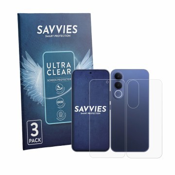 Parte frontale di una confezione del prodotto con il logo del marchio Savvies. Accanto è raffigurato il dispositivo Vivo V70 F