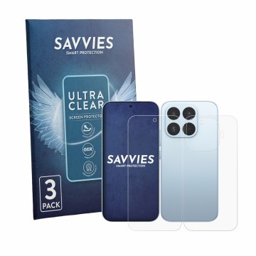 Vorderseite einer Produktverpackung mit dem Markenlogo Savvies. Daneben ist das Gerät Xiaomi 17T (Display+Rückseite) mit dem z