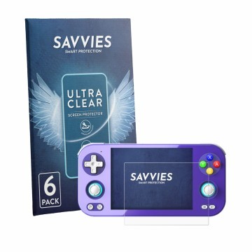 Vorderseite einer Produktverpackung mit dem Markenlogo Savvies. Daneben ist das Gerät Anbernic RG 476H mit dem zugehörigen Dis