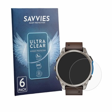 Vorderseite einer Produktverpackung mit dem Markenlogo Savvies. Daneben ist das Gerät Garmin D2 Mach 2 (47 mm) mit dem zugehör