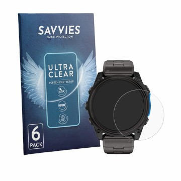 Vorderseite einer Produktverpackung mit dem Markenlogo Savvies. Daneben ist das Gerät Garmin D2 Mach 2 (51 mm) mit dem zugehör