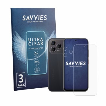 Front side of a product packaging with the brand logo Savvies. Next to it is the device ZTE Blade V80 Pro (Front+Camera) shown