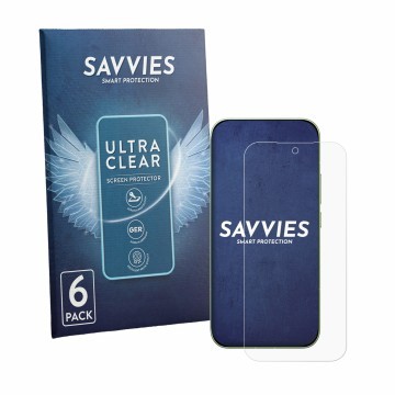 Parte frontal de un envase de producto con el logotipo de la marca Savvies. Al lado se muestra el dispositivo Xiaomi Poco F9 P