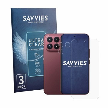 Vorderseite einer Produktverpackung mit dem Markenlogo Savvies. Daneben ist das Gerät Xiaomi Poco F9 Ultra (Display+Kamera) mi