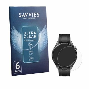 Face avant d’un emballage produit avec le logo de la marque Savvies. À côté, l’appareil Huawei Watch GT 7 (46 mm) est représen