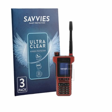 Face avant d’un emballage produit avec le logo de la marque Savvies. À côté, l’appareil Motorola MTP8550Ex est représenté avec