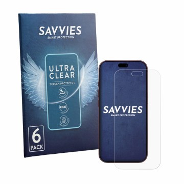 Face avant d’un emballage produit avec le logo de la marque Savvies. À côté, l’appareil Apple iPhone 18 Pro est représenté ave