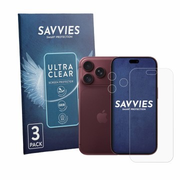 Parte frontale di una confezione del prodotto con il logo del marchio Savvies. Accanto è raffigurato il dispositivo Apple iPho