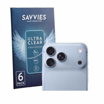 Face avant d’un emballage produit avec le logo de la marque Savvies. À côté, l’appareil Apple iPhone 18 Pro Max (Caméra UNIQUE