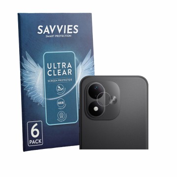 Vorderseite einer Produktverpackung mit dem Markenlogo Savvies. Daneben ist das Gerät Xiaomi Redmi Note 17 (NUR Kameraschutz) 