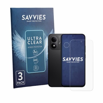 Vorderseite einer Produktverpackung mit dem Markenlogo Savvies. Daneben ist das Gerät Xiaomi Redmi Note 17 5G (Display+Kamera)
