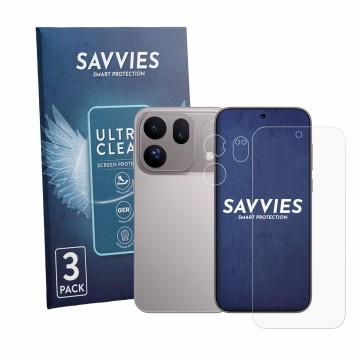 Parte frontale di una confezione del prodotto con il logo del marchio Savvies. Accanto è raffigurato il dispositivo Oppo Find 