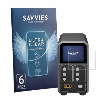Face avant d’un emballage produit avec le logo de la marque Savvies. À côté, l’appareil SkyRc eFuel PSU2000 est représenté ave