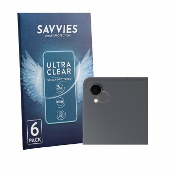 Vorderseite einer Produktverpackung mit dem Markenlogo Savvies. Daneben ist das Gerät Samsung Galaxy Tab S12 Plus (NUR Kameras