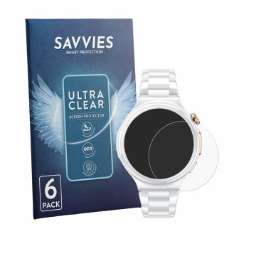 Vorderseite einer Produktverpackung mit dem Markenlogo Savvies. Daneben ist das Gerät Huawei Watch 6 Pro 43 mm mit dem zugehör