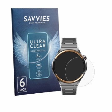 Vorderseite einer Produktverpackung mit dem Markenlogo Savvies. Daneben ist das Gerät Huawei Watch 6 Pro 46 mm mit dem zugehör