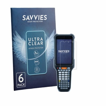 Front side of a product packaging with the brand logo Savvies. Next to it is the device Datalogic Falcon X60 shown with the co