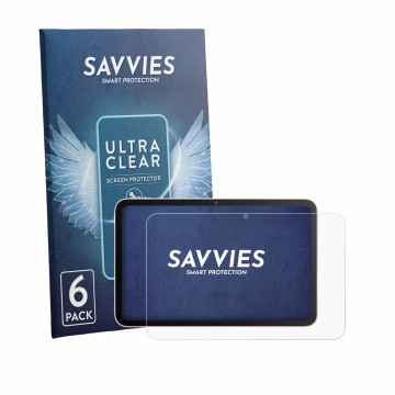 Front side of a product packaging with the brand logo Savvies. Next to it is the device Amazon Alexa Tablet 8 shown with the c