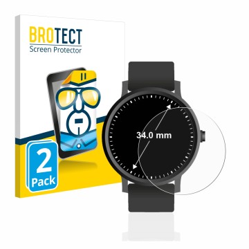 Face avant d’un emballage produit avec le logo de la marque BROTECT. À côté, l’appareil Montres (Circulaire, ø: 34 mm) est rep
