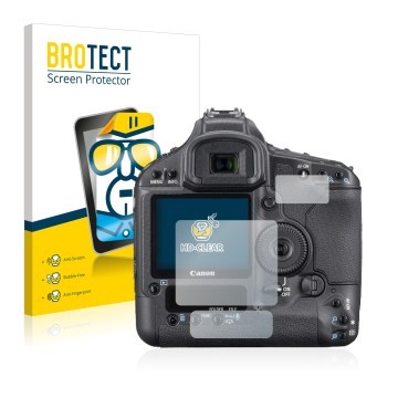 Face avant d’un emballage produit avec le logo de la marque BROTECT. À côté, l’appareil Canon EOS 1Ds Mark III est représenté 