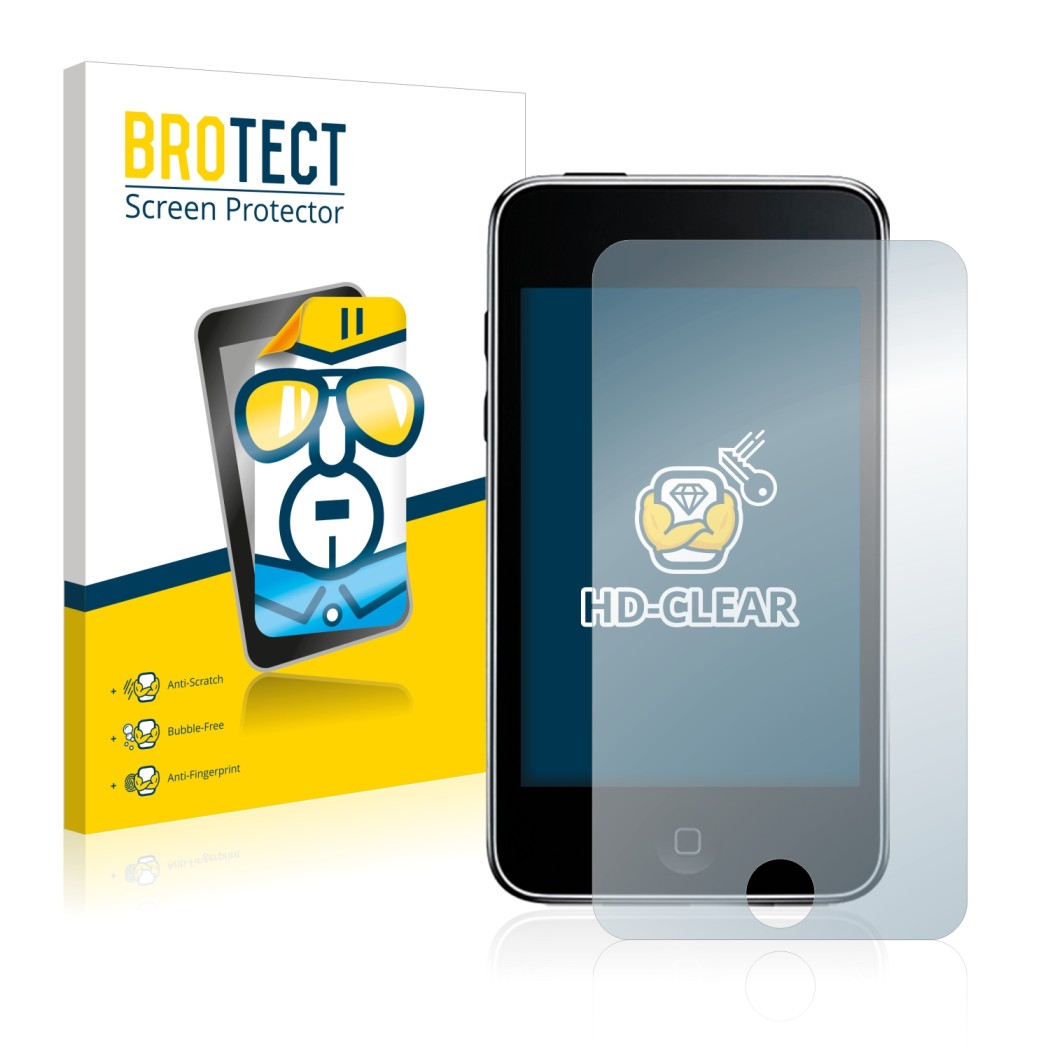 Vorderseite einer Produktverpackung mit dem Markenlogo BROTECT. Daneben ist das Gerät Apple iPod Touch (2. Gen.) mit dem zugeh