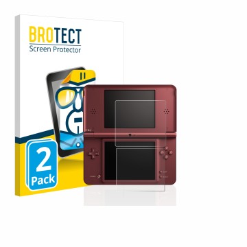 Vorderseite einer Produktverpackung mit dem Markenlogo BROTECT. Daneben ist das Gerät Nintendo DSi XL mit dem zugehörigen Disp