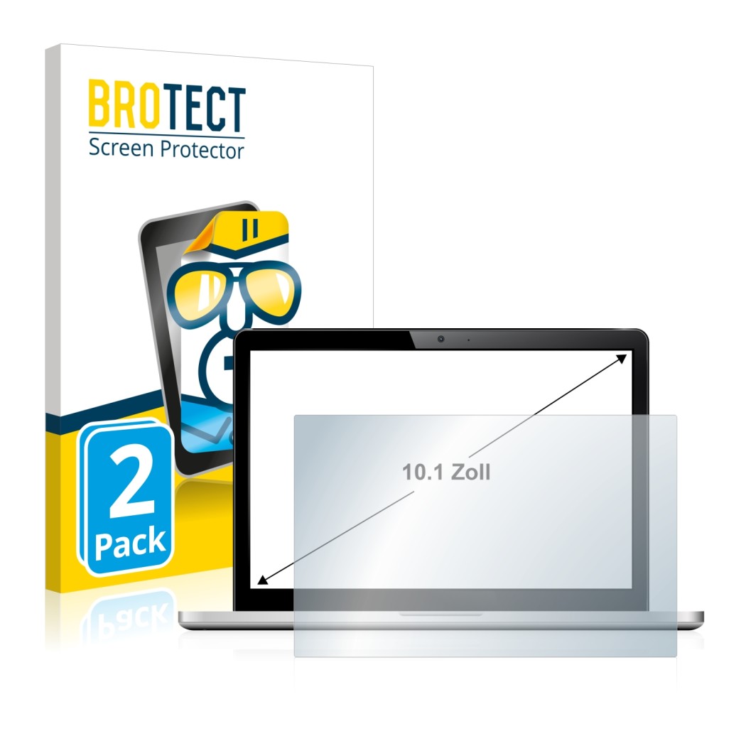 Face avant d’un emballage produit avec le logo de la marque BROTECT. À côté, l’appareil est représenté avec la protection d’éc